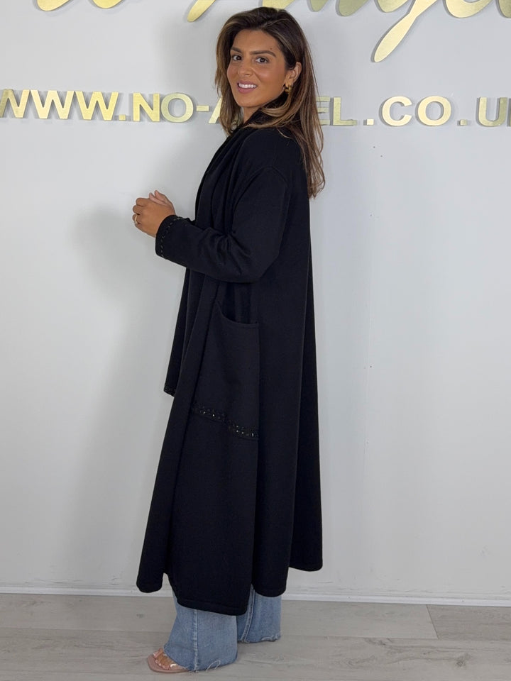 Black Knitted Longline Jewelled Detailed Cardigan With Scarf