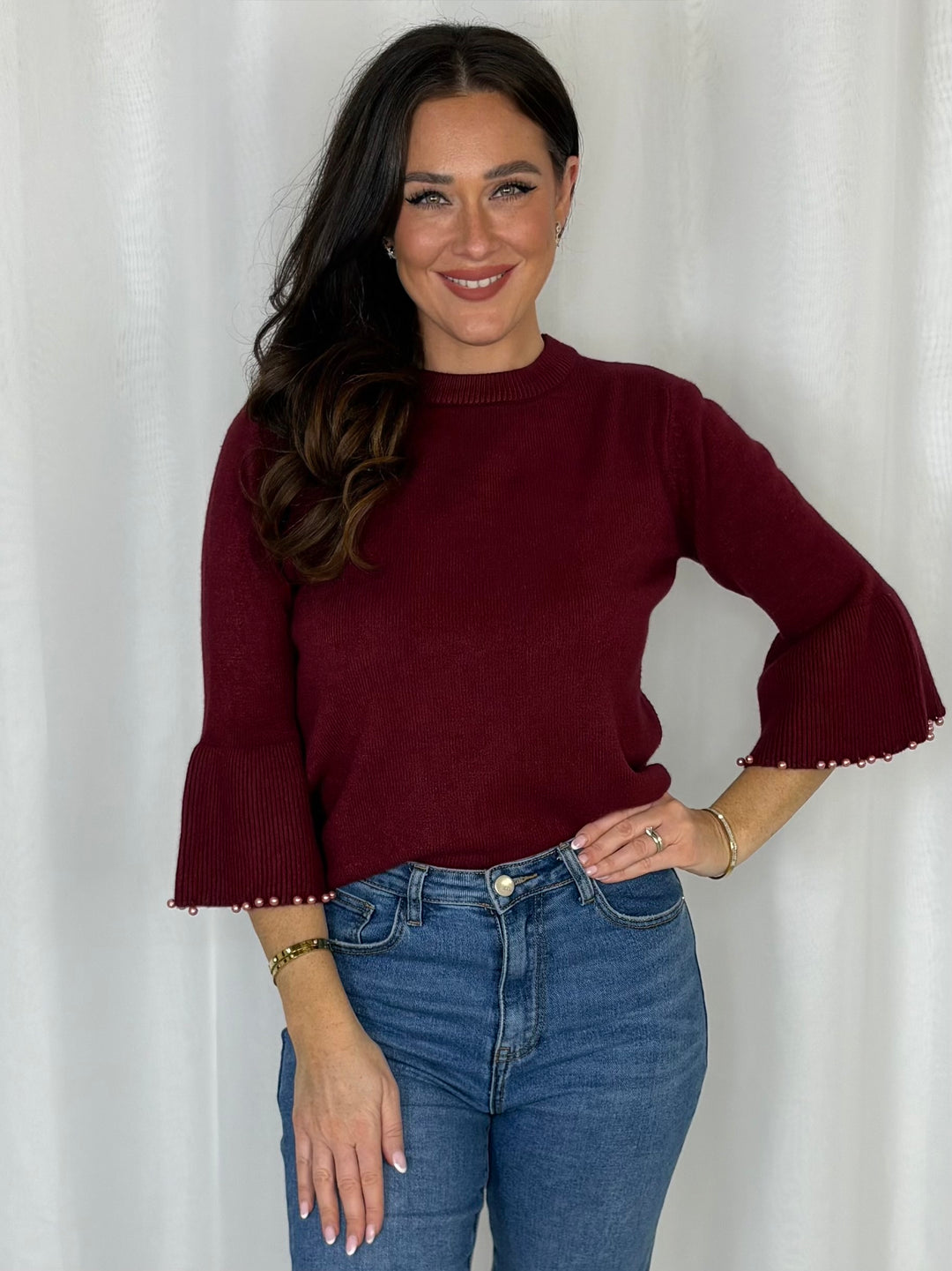 Pearl Embellished Sleeve Knit Top (11 Colours)