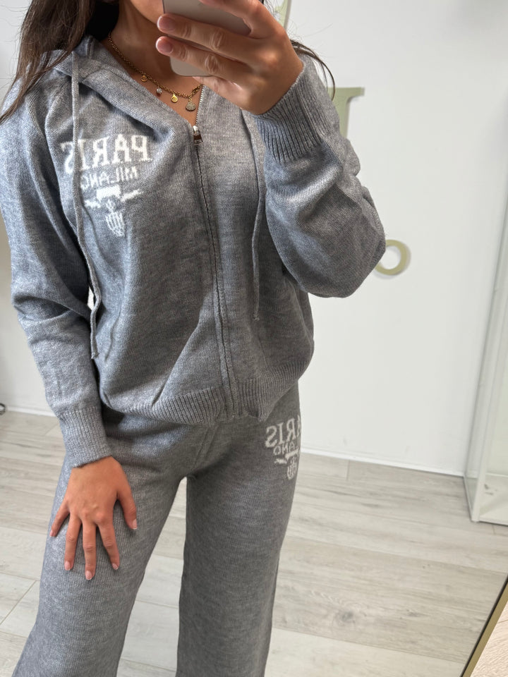 Soft Knit Embroidered Paris Hooded Zip Up Trouser Co-ord (2 Colours)