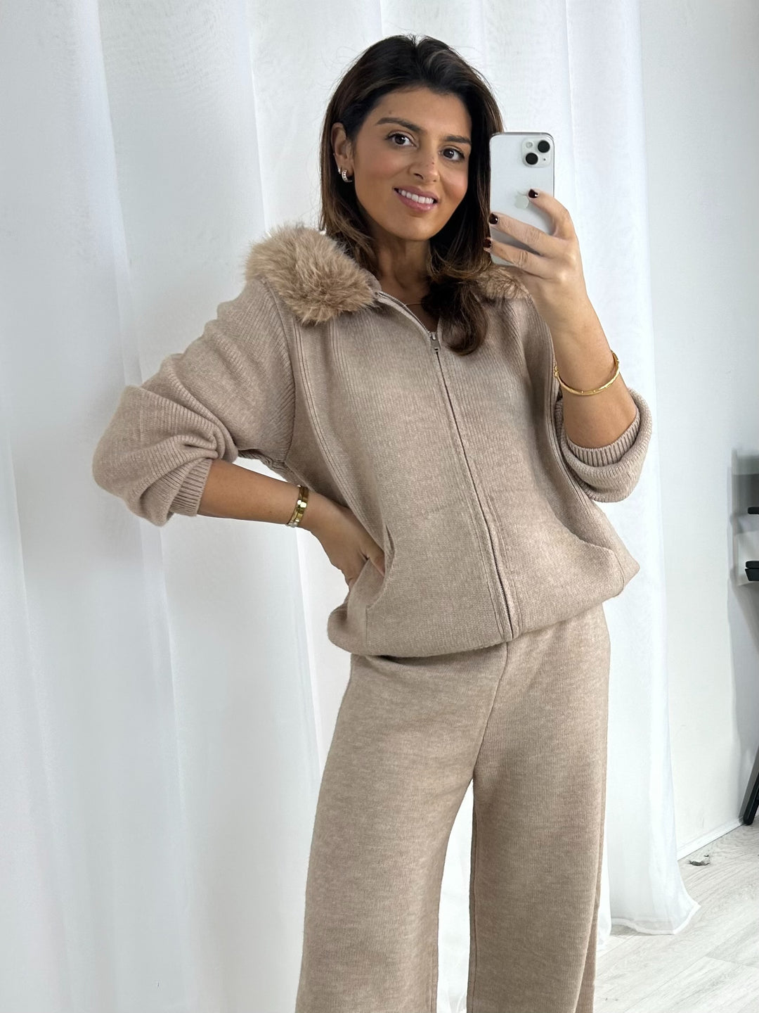 Beige Zip Up Faux Fur Hood Straight Leg Trouser Co-Ord