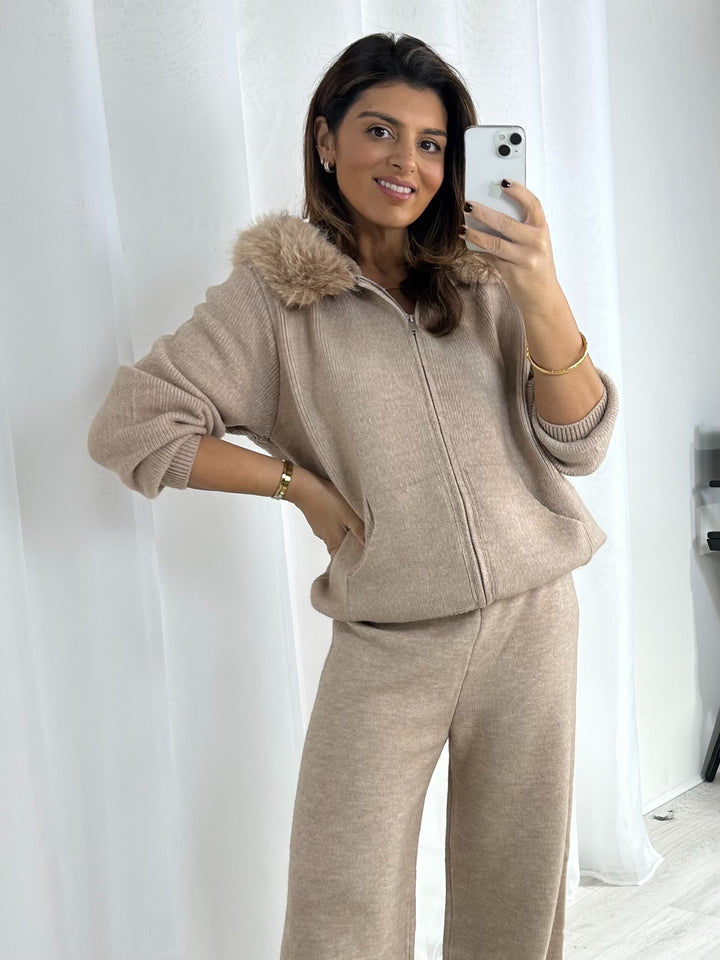 Beige Zip Up Faux Fur Hood Straight Leg Trouser Co-Ord
