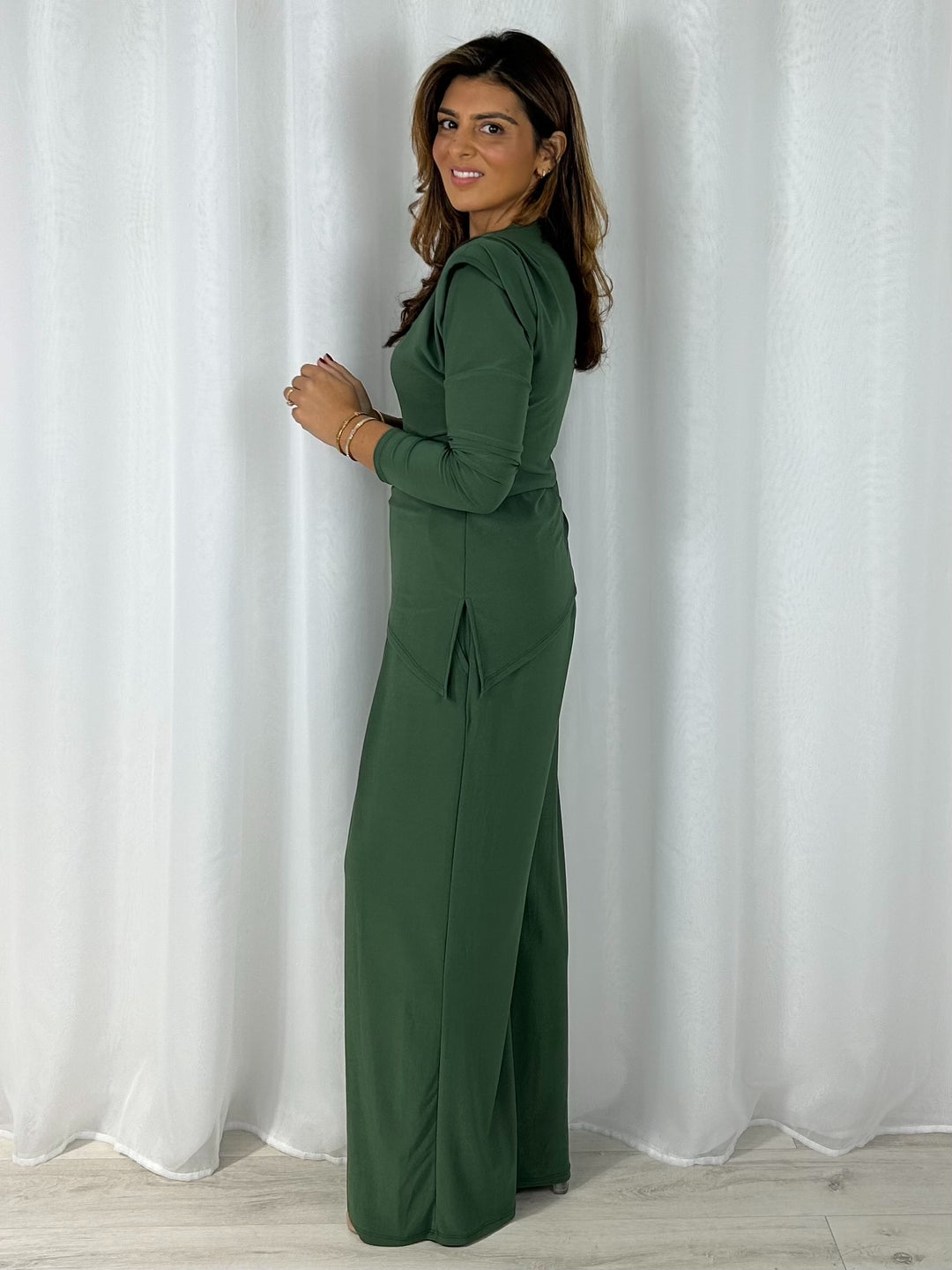 Shoulder Pad Long Sleeve Ruched Gold Hardware Trouser Co-Ord (4 Colours)