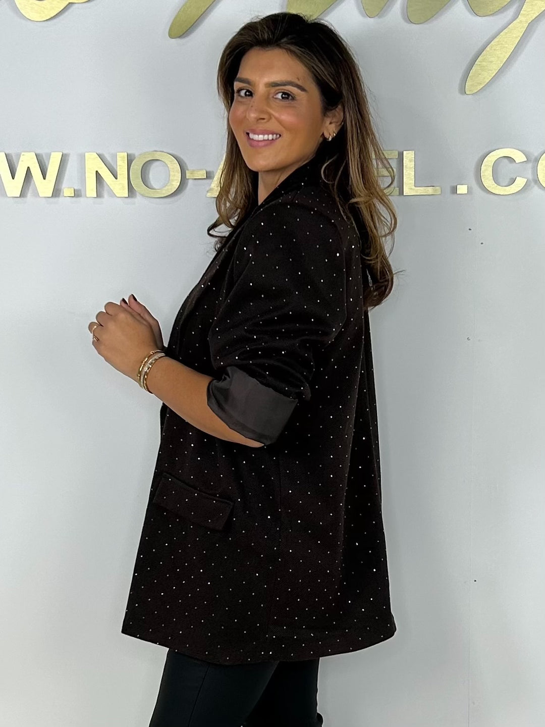 Chocolate Scattered Diamante Longline Oversized Button Up Blazer