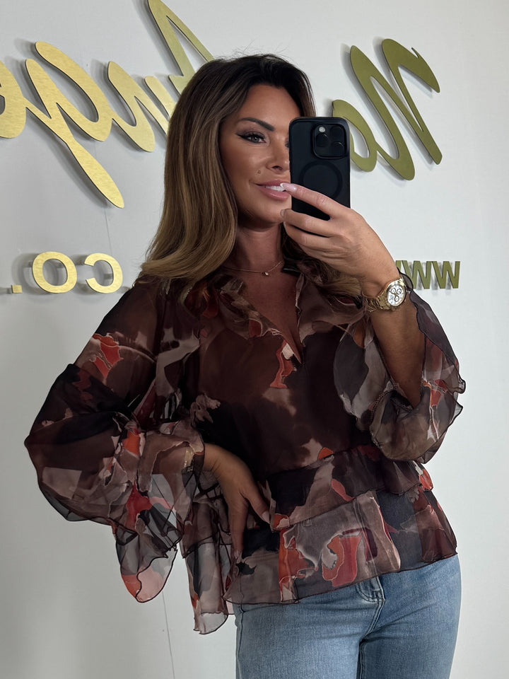 Sheer Printed Grandad Collar Bell Sleeve Blouse (2 Colours)