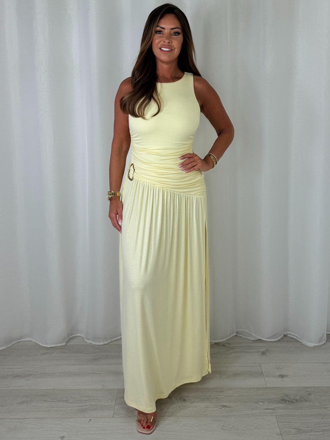 Round Neck Ruched Gold Buckle Side Split Maxi Dress (6 Colours)
