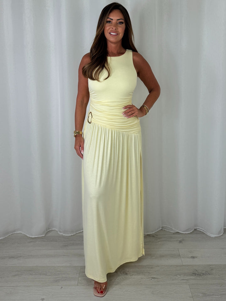 Round Neck Ruched Gold Buckle Side Split Maxi Dress (6 Colours)