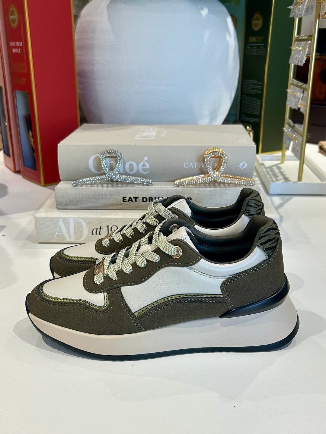 Khaki Faux Leather 2 Tone Zebra Back Trainers