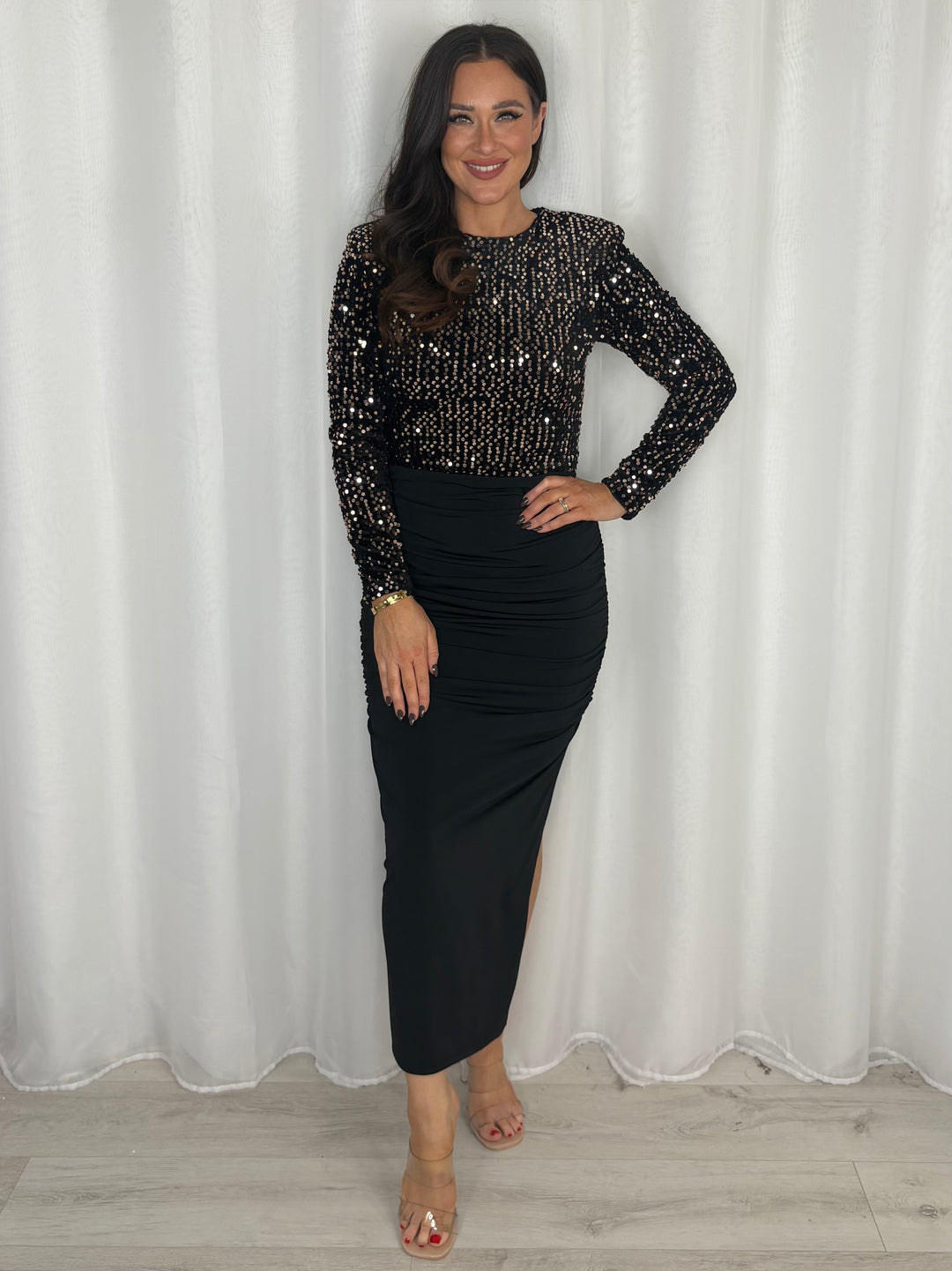 Black Sequin Long Sleeve Rushed Midi Dress
