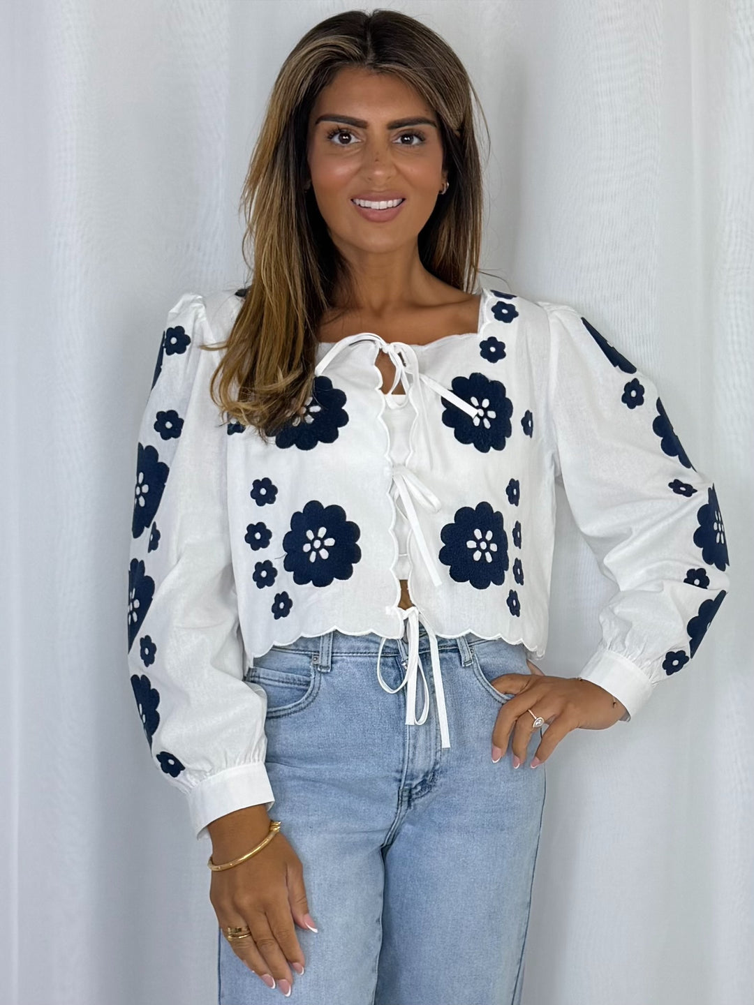 Embroidered Flower Tie Up Top