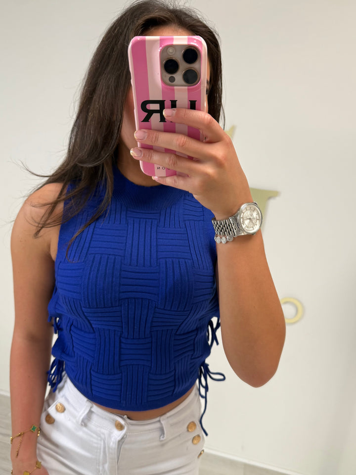 Royal Blue Woven Look Turtle Neck Tie Side Top