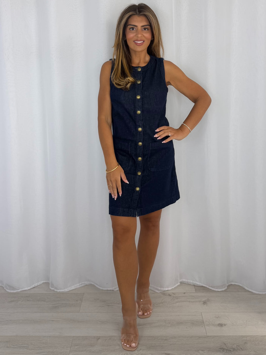 Denim Sleeveless Gold Button Front Pocket Dress