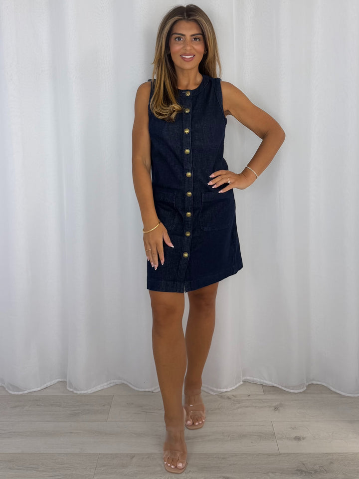 Denim Sleeveless Gold Button Front Pocket Dress