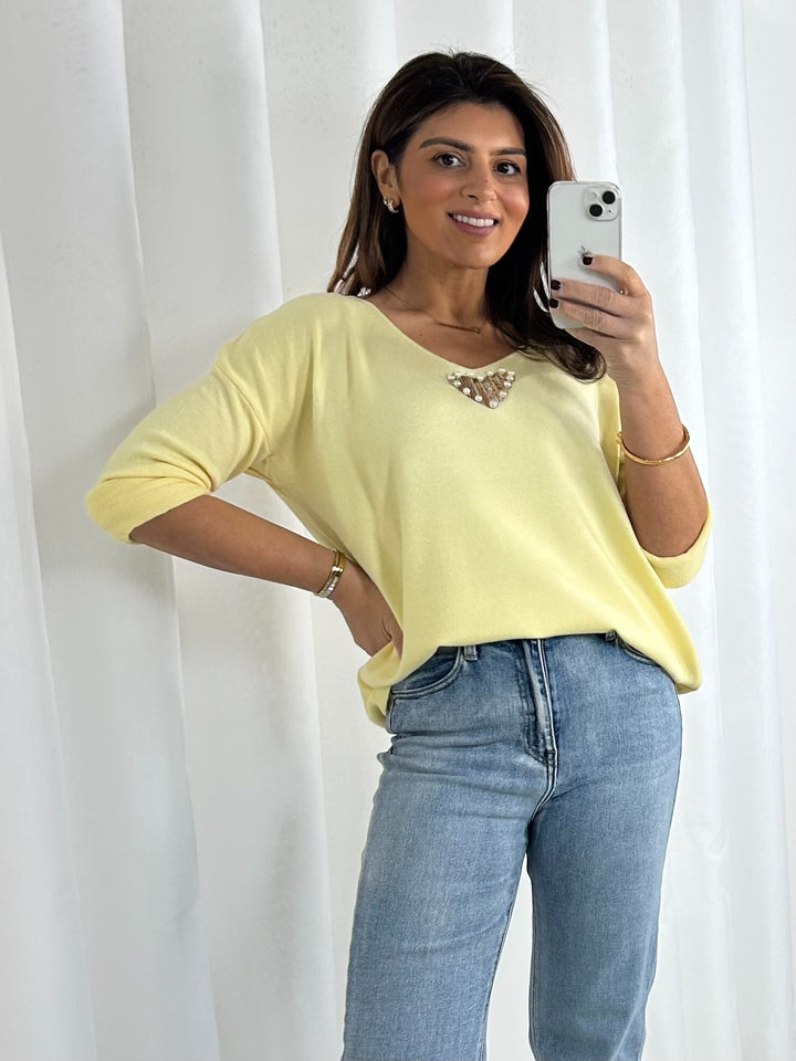 V-Neck Soft Knit Pearl Heart Detail Jumper (5 Colours)