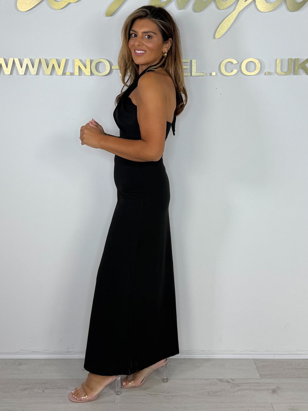 Black Cross Front Halter Neck Slinky Maxi Dress