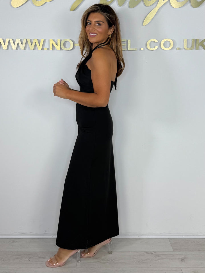 Black Cross Front Halter Neck Slinky Maxi Dress