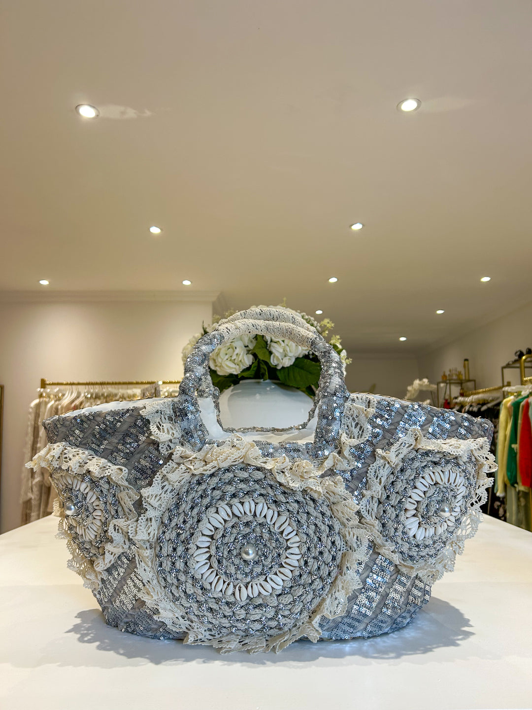Shell Detail Shimmer Lace Woven Beach Bag (2 Colours)