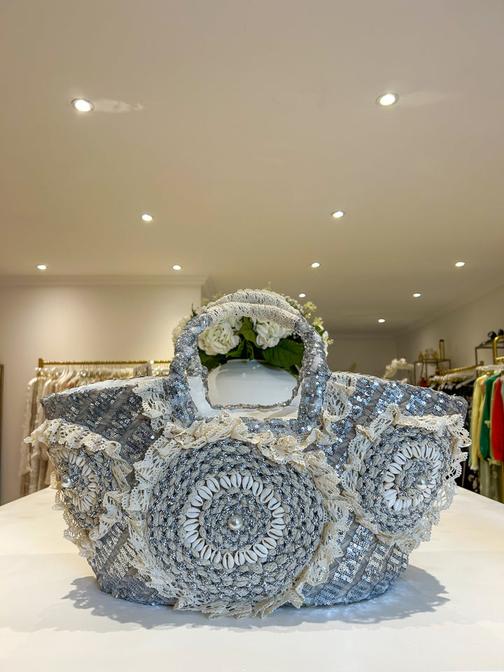 Shell Detail Shimmer Lace Woven Beach Bag (2 Colours)