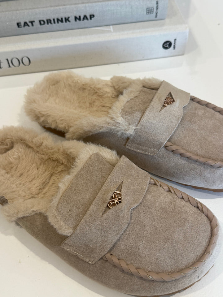 Beige Fluffy Backless Loafers