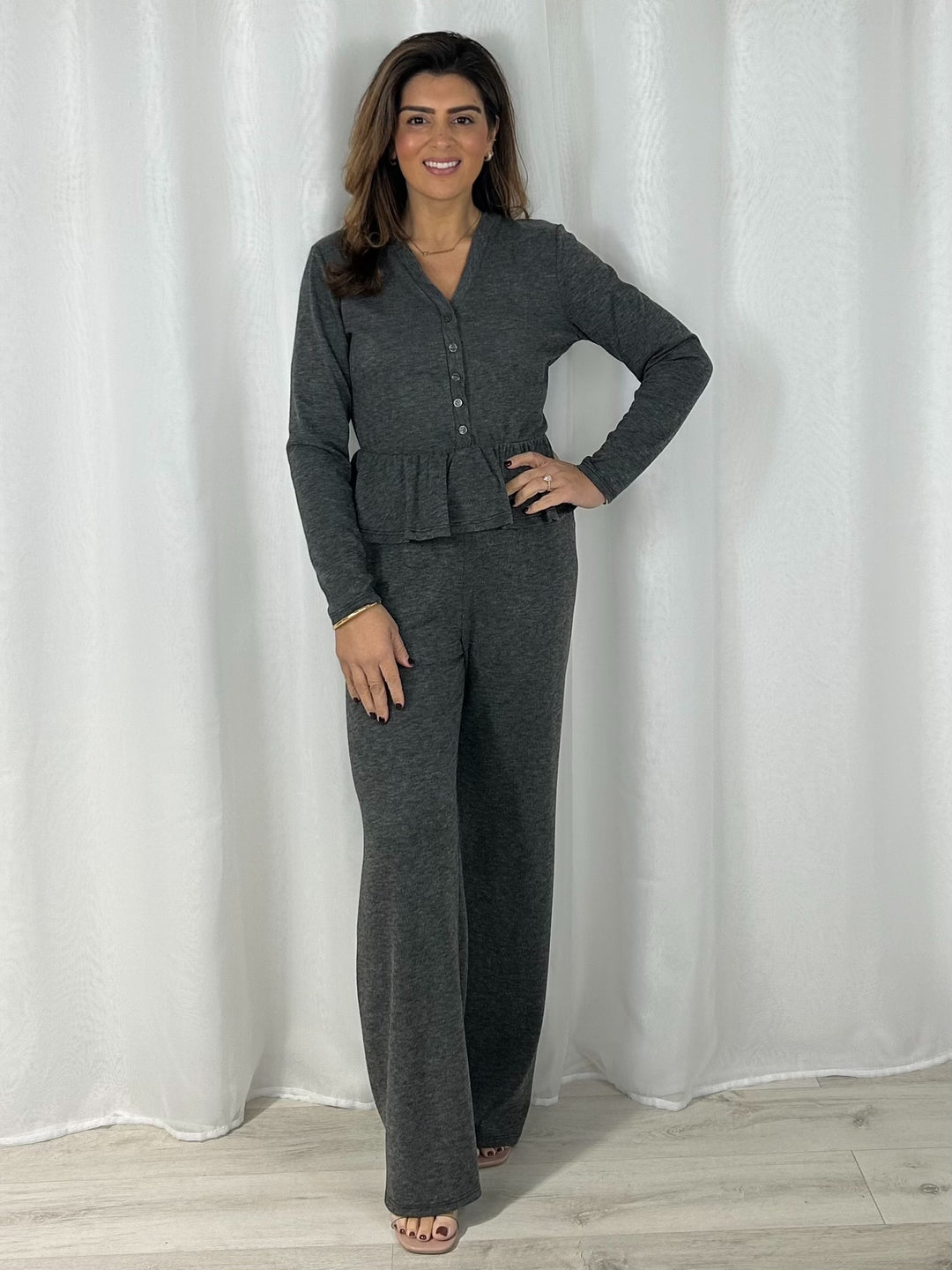 Long Sleeve Peplum V-Neck Top & Straight Leg Trouser Co-Ord (3 Colours)