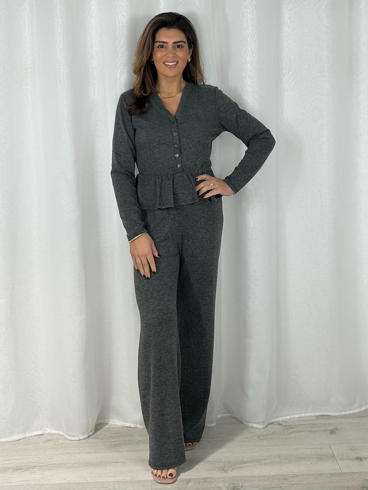 Long Sleeve Peplum V-Neck Top & Straight Leg Trouser Co-Ord (3 Colours)