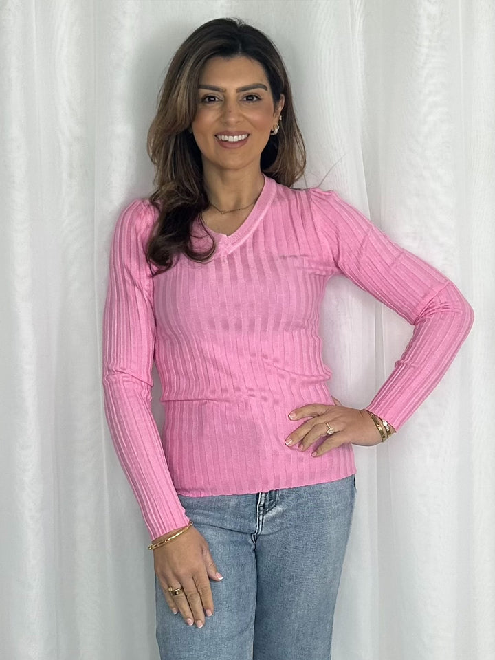 Ribbed V-Neck Long Sleeve Jumper (2 Colours)