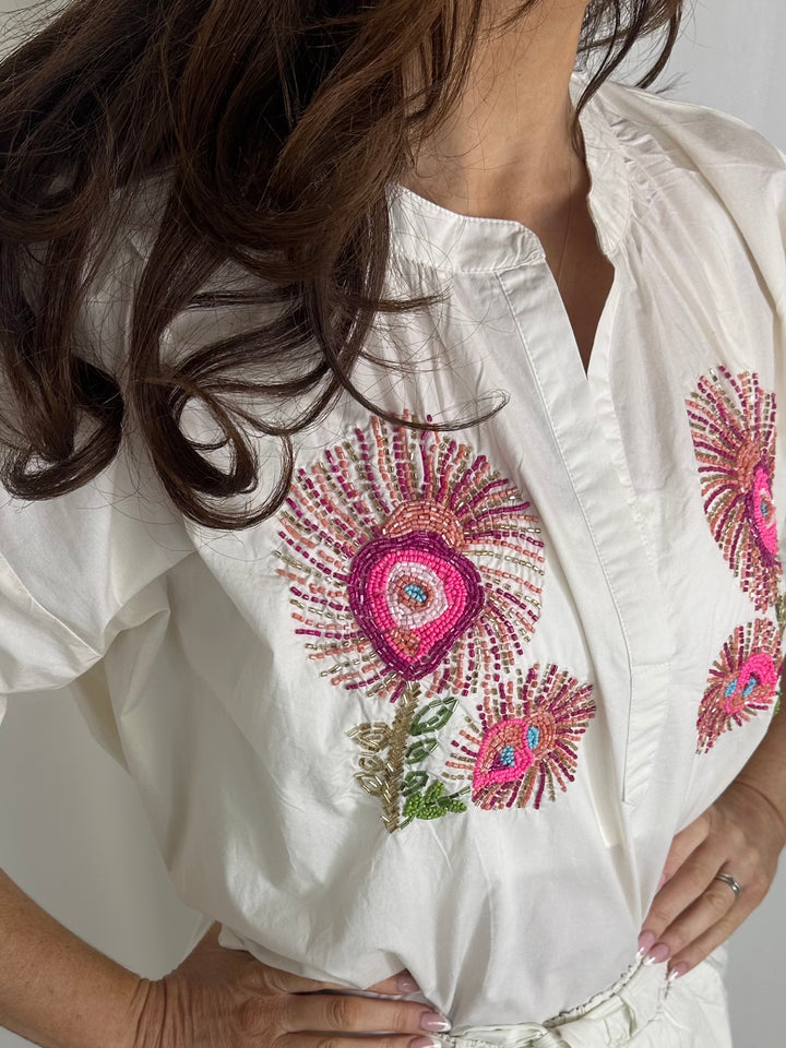 Beaded Flower Design Shirt And Shorts Co-Ord