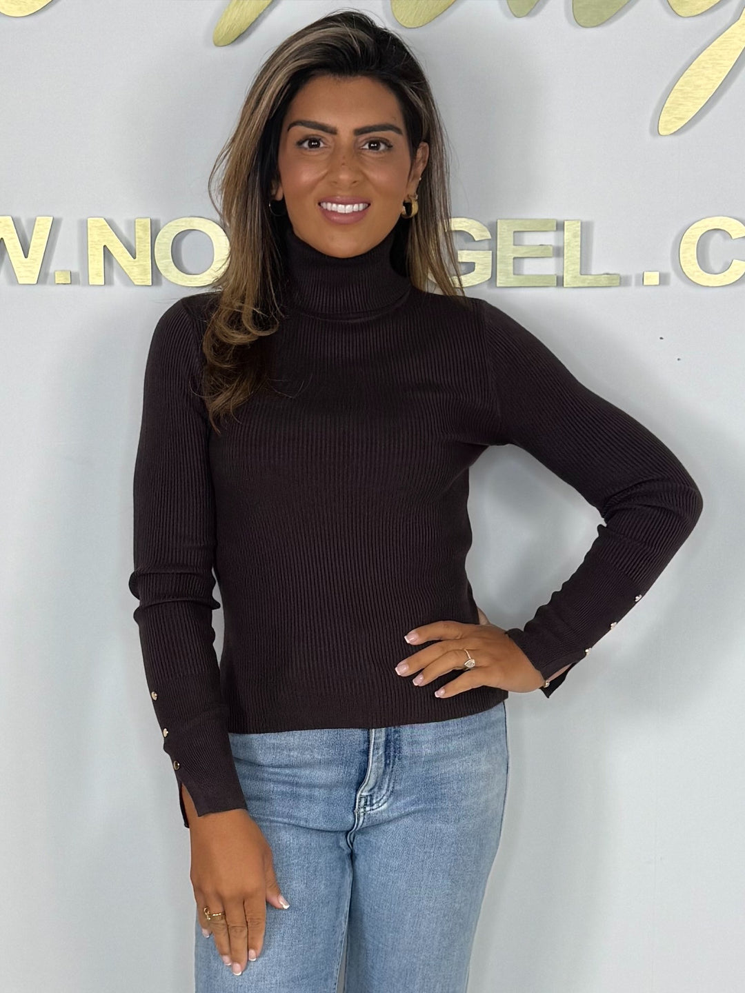 Ribbed Roll Neck Long Sleeve Gold Button Detail Jumper (4 Colours)