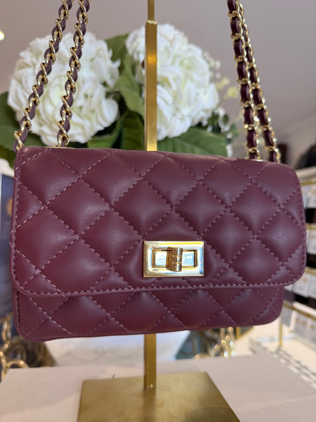 Genuine Leather Quilted Turn Lock Chain Handle Handbag (8 Colours)