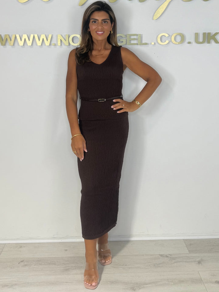 Crinkle V-Neck Sleeveless Top & Midi Skirt Co-ord (2 Colours)