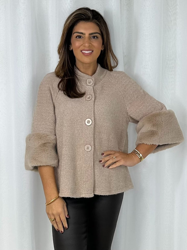 Textured Faux Fur Cuff Sleeve Cape Style Jacket (9 Colours)