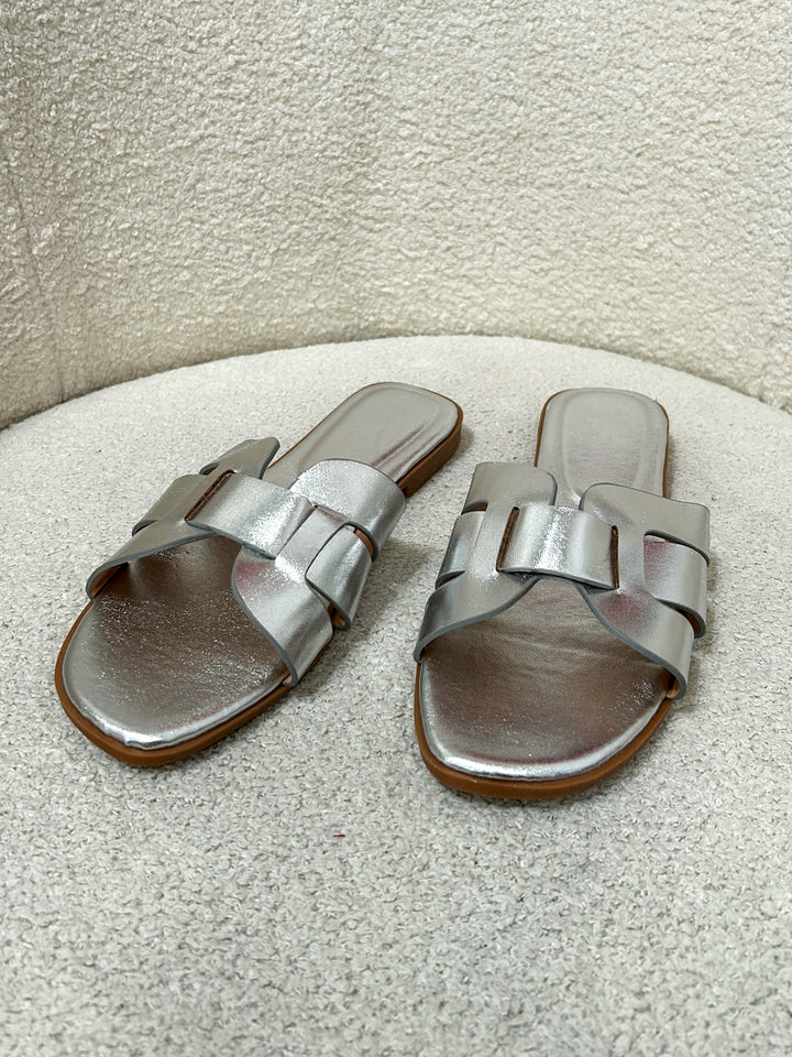 Silver Shine Look CrossOver Sandal Sliders