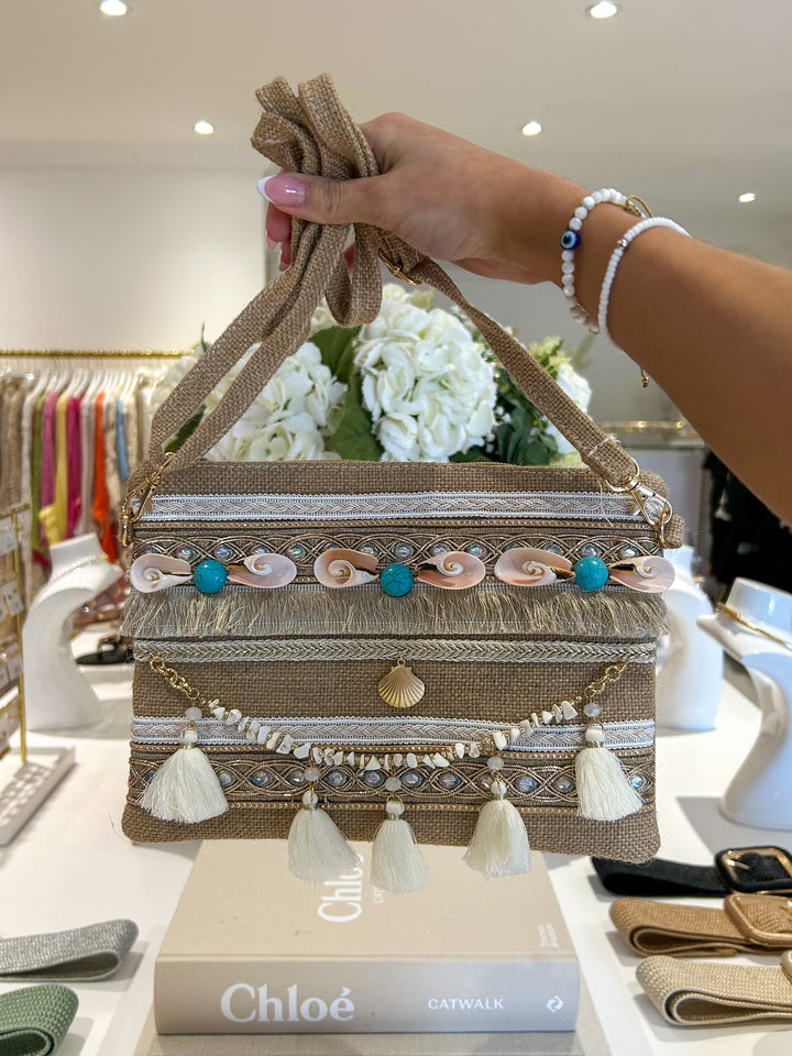 Tan Woven Pink Shell & White Tassel Clutch Bag
