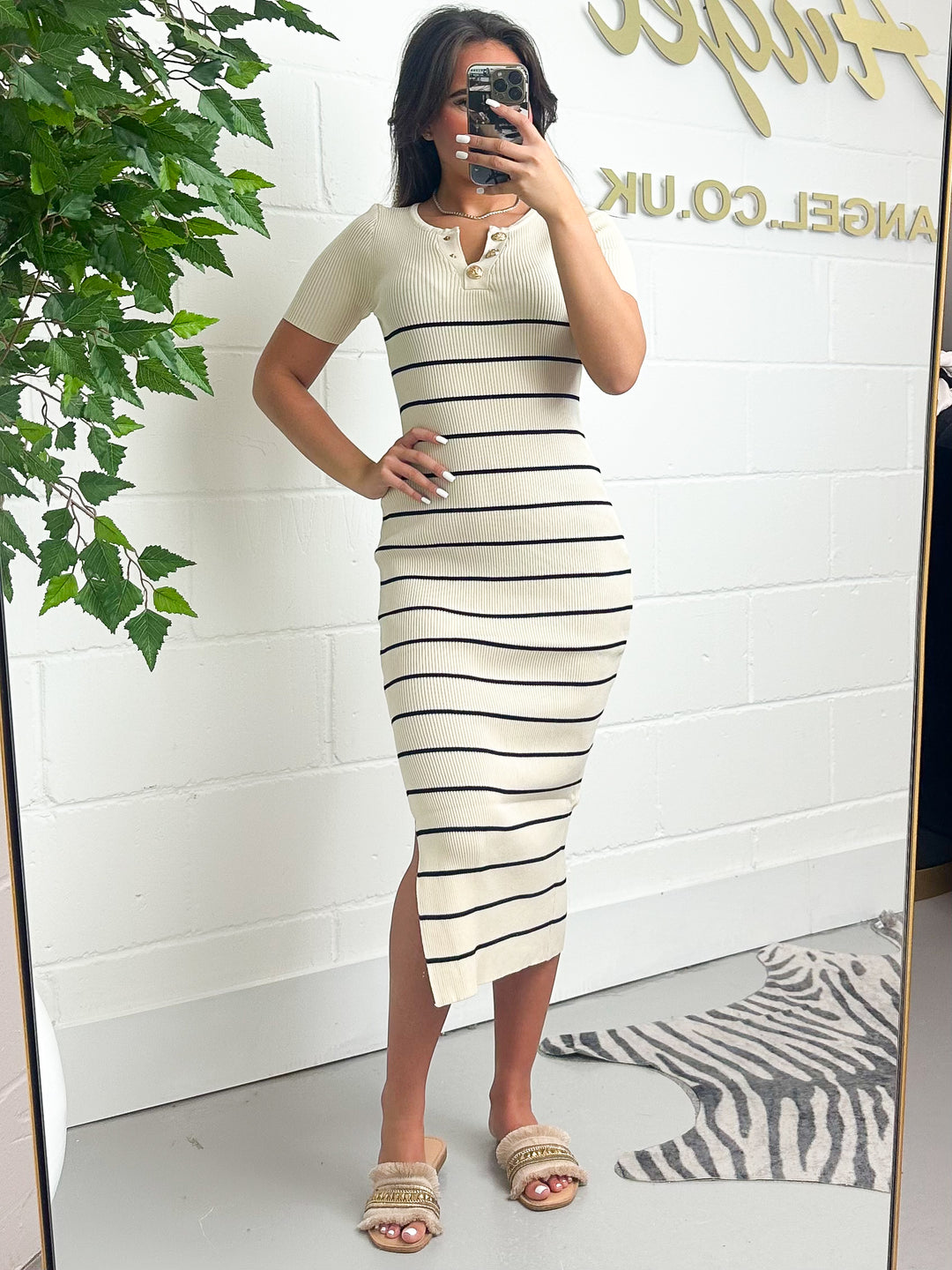 Thin Striped Gold Button Midi Dress (2 Colours)