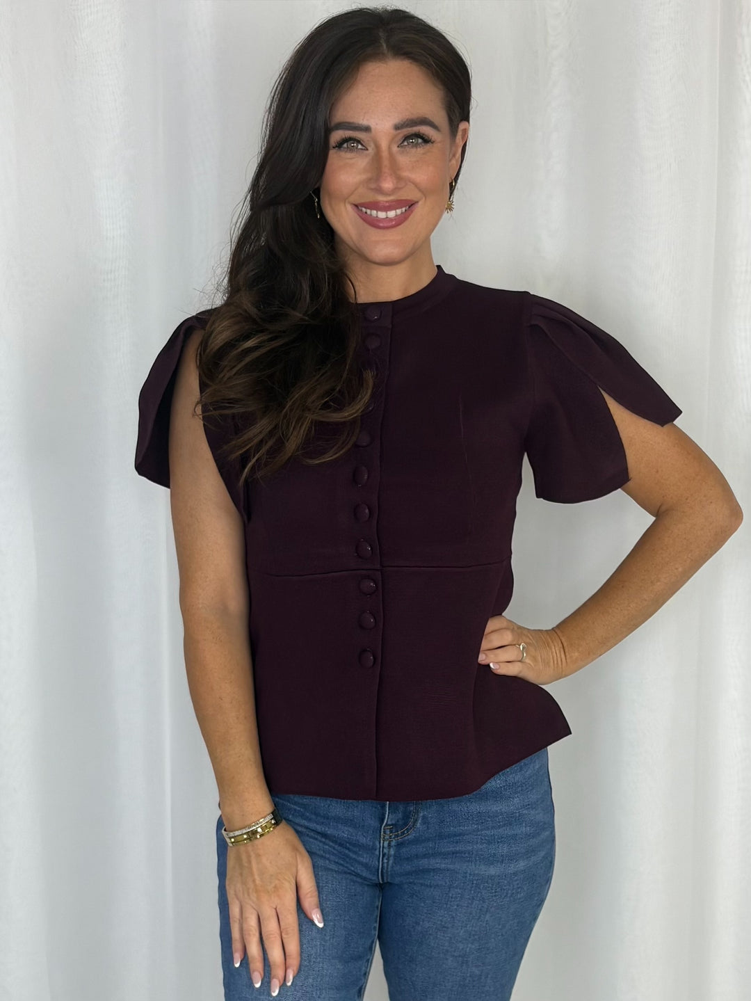 Covered Button Frill Sleeve Top (4 Colours)