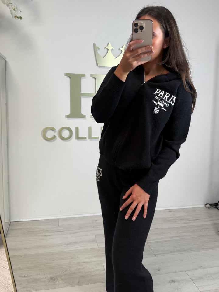Soft Knit Embroidered Paris Hooded Zip Up Trouser Co-ord (2 Colours)