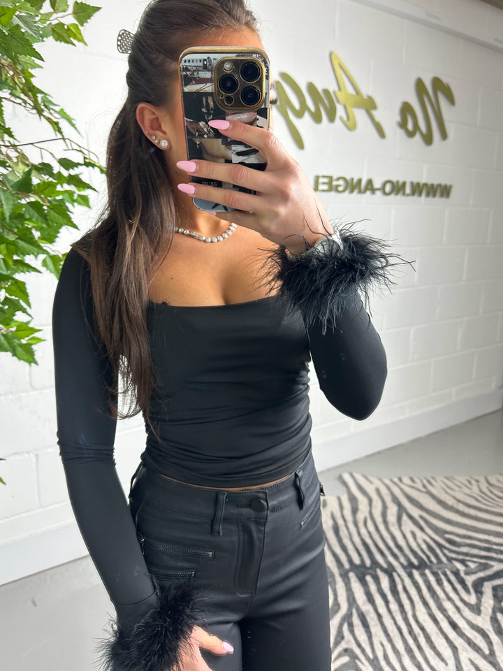 Black Square Neck Feather Cuff Top