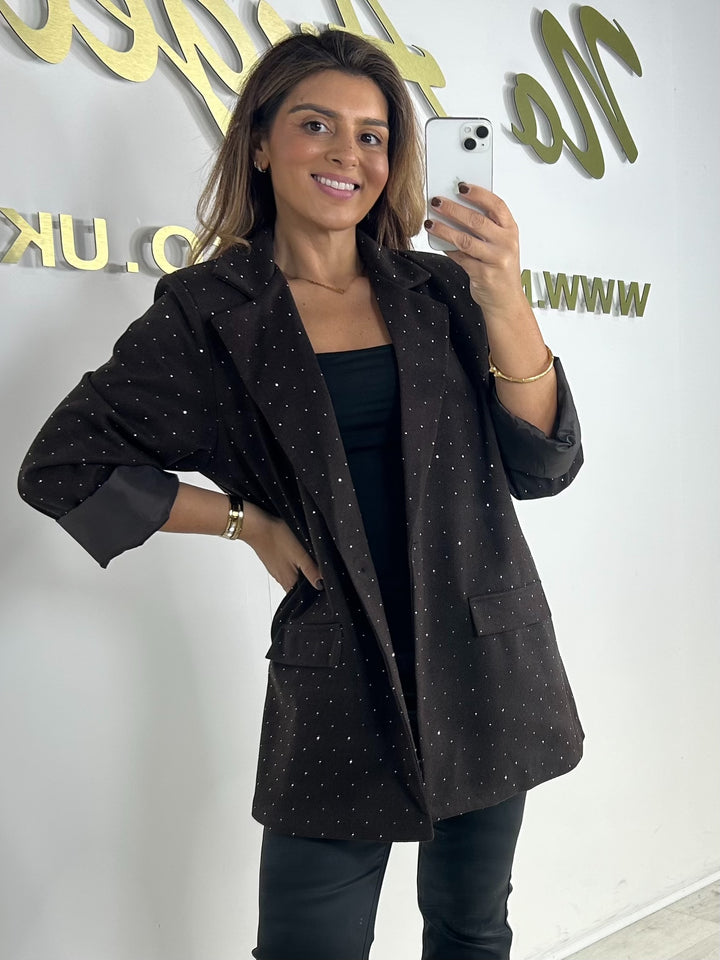 Chocolate Scattered Diamante Longline Oversized Button Up Blazer