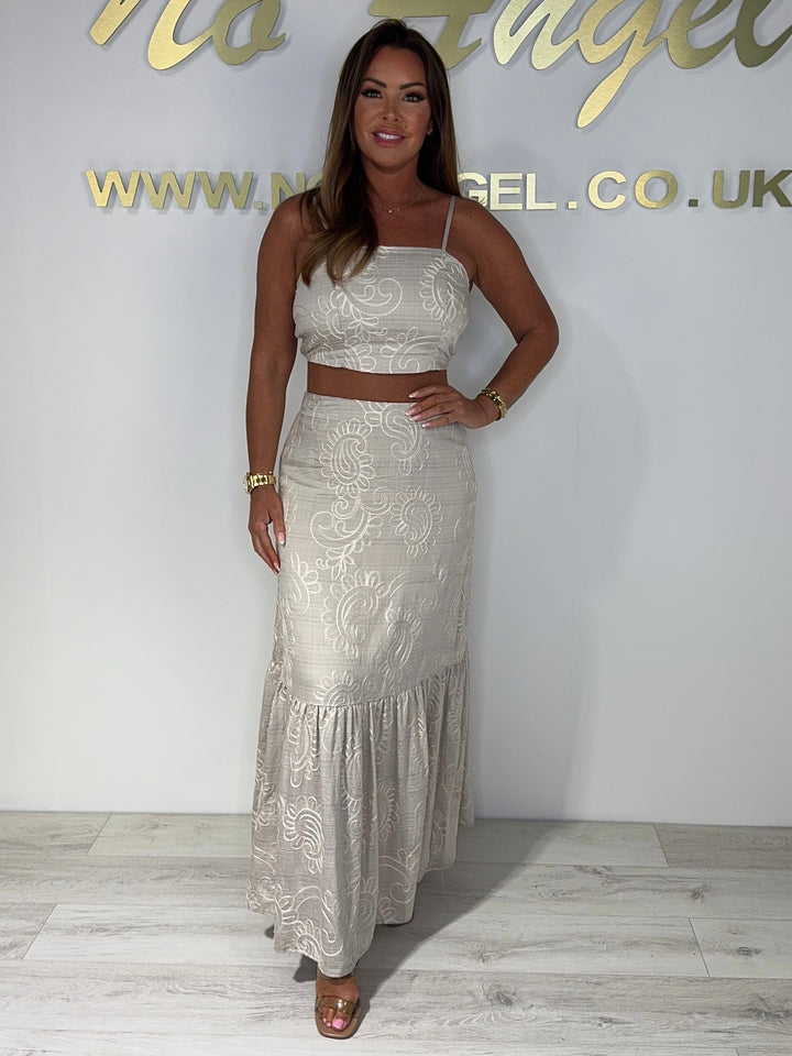 Beige Spaghetti Strap Embroidery Detail Crop Top With Maxi Skirt Co-ord