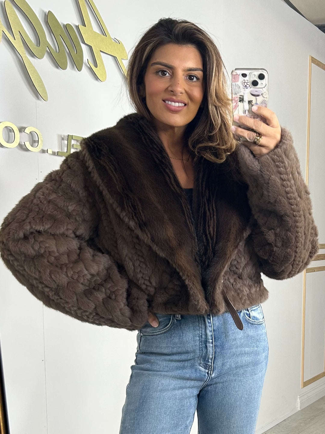 Cable Knit Faux Fur Collared Belted Cropped Jacket