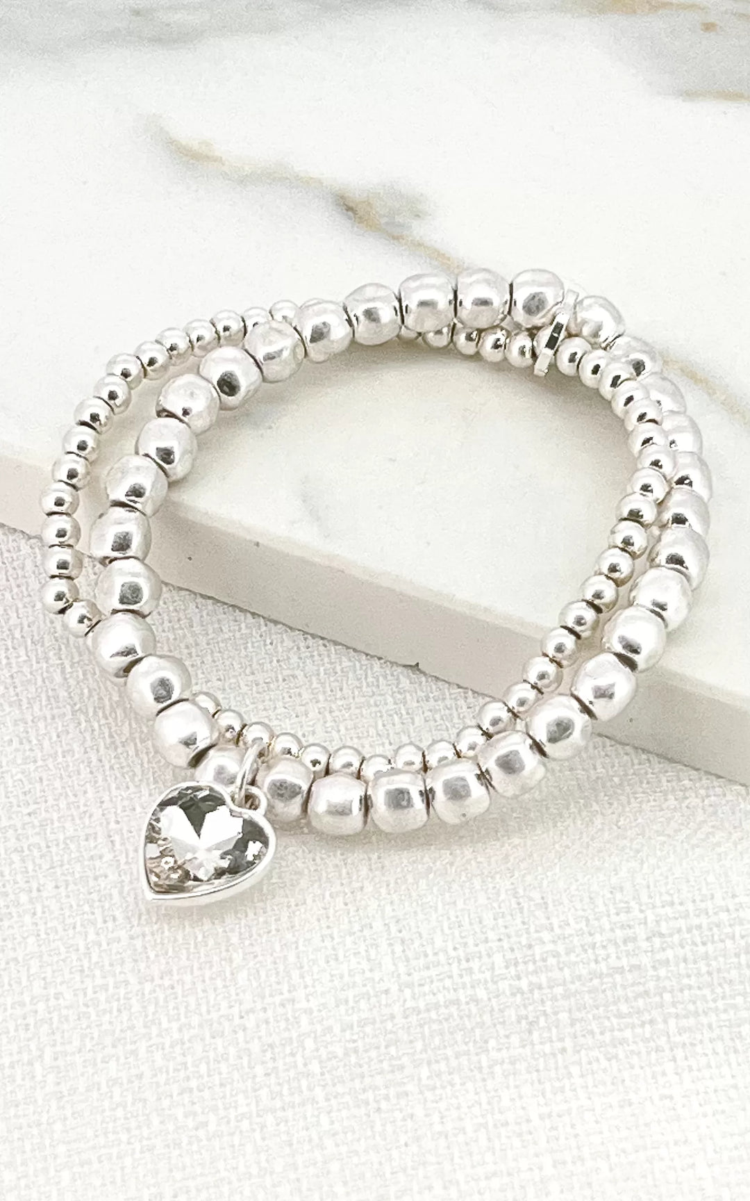 Silver Double Beaded Stretch Bracelet With Big Diamante Heart Pendant