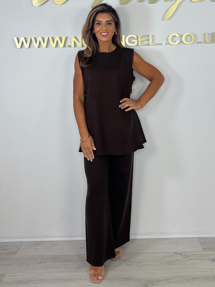 Soft Knit Round Neck Gold Button Side Split Top & Trouser Co-Ord (3 Colours)