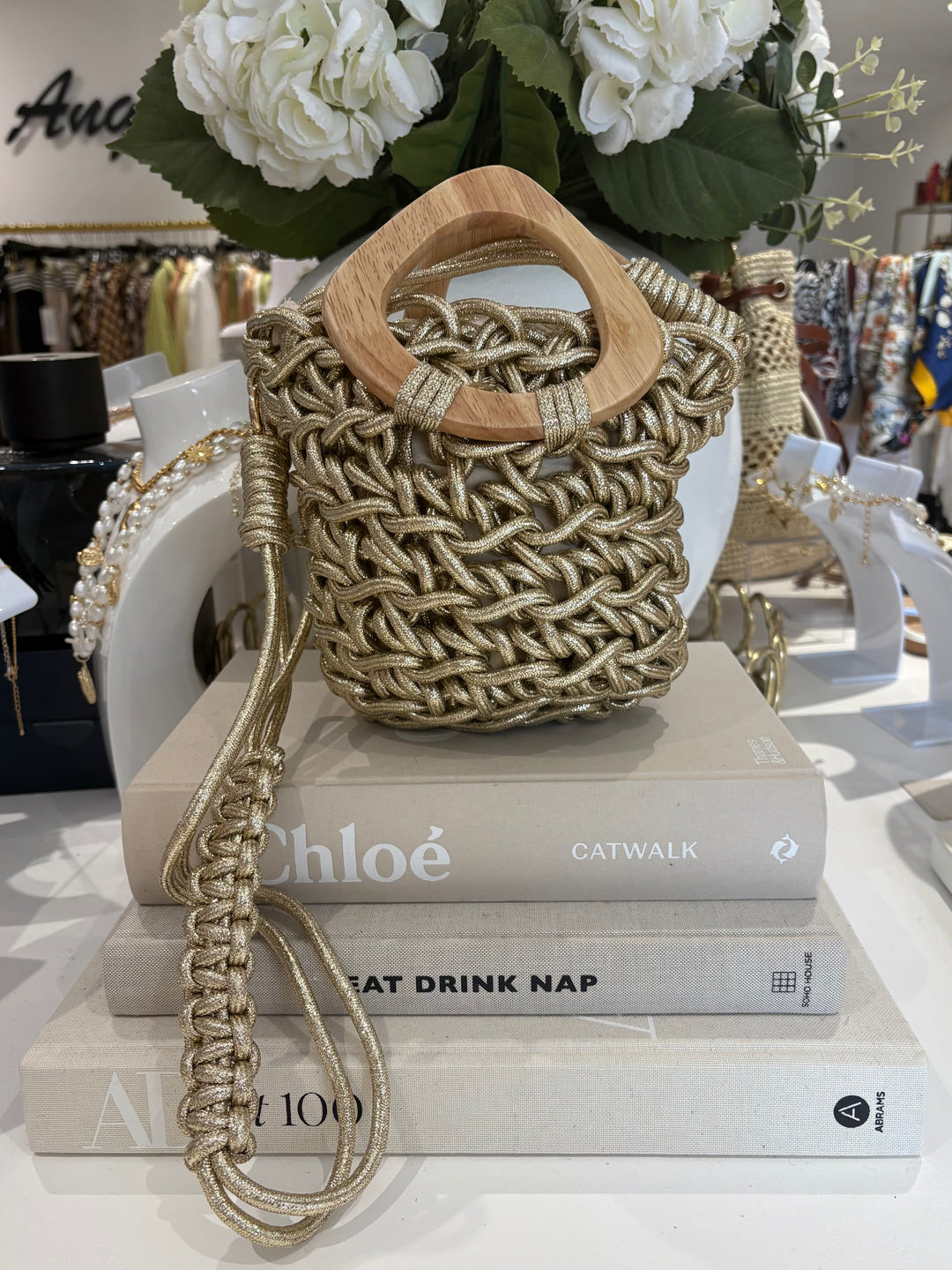 Gold Spaghetti Design Wooden Handle Bag