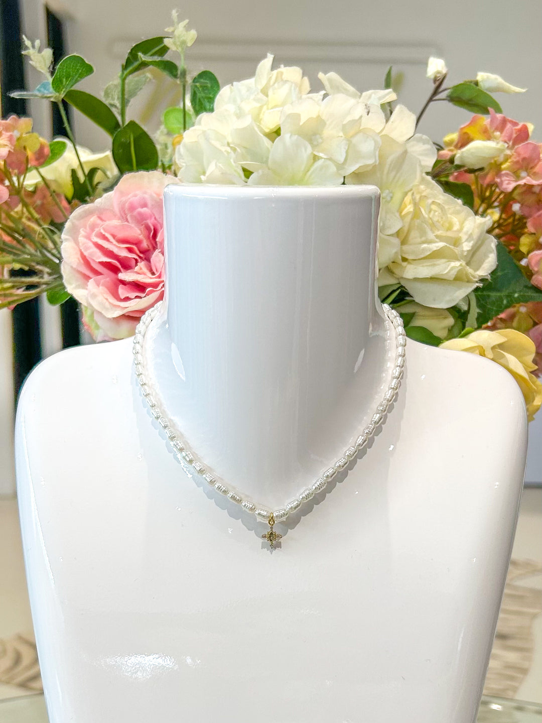Pearl Gold/Diamanté Cross Necklace