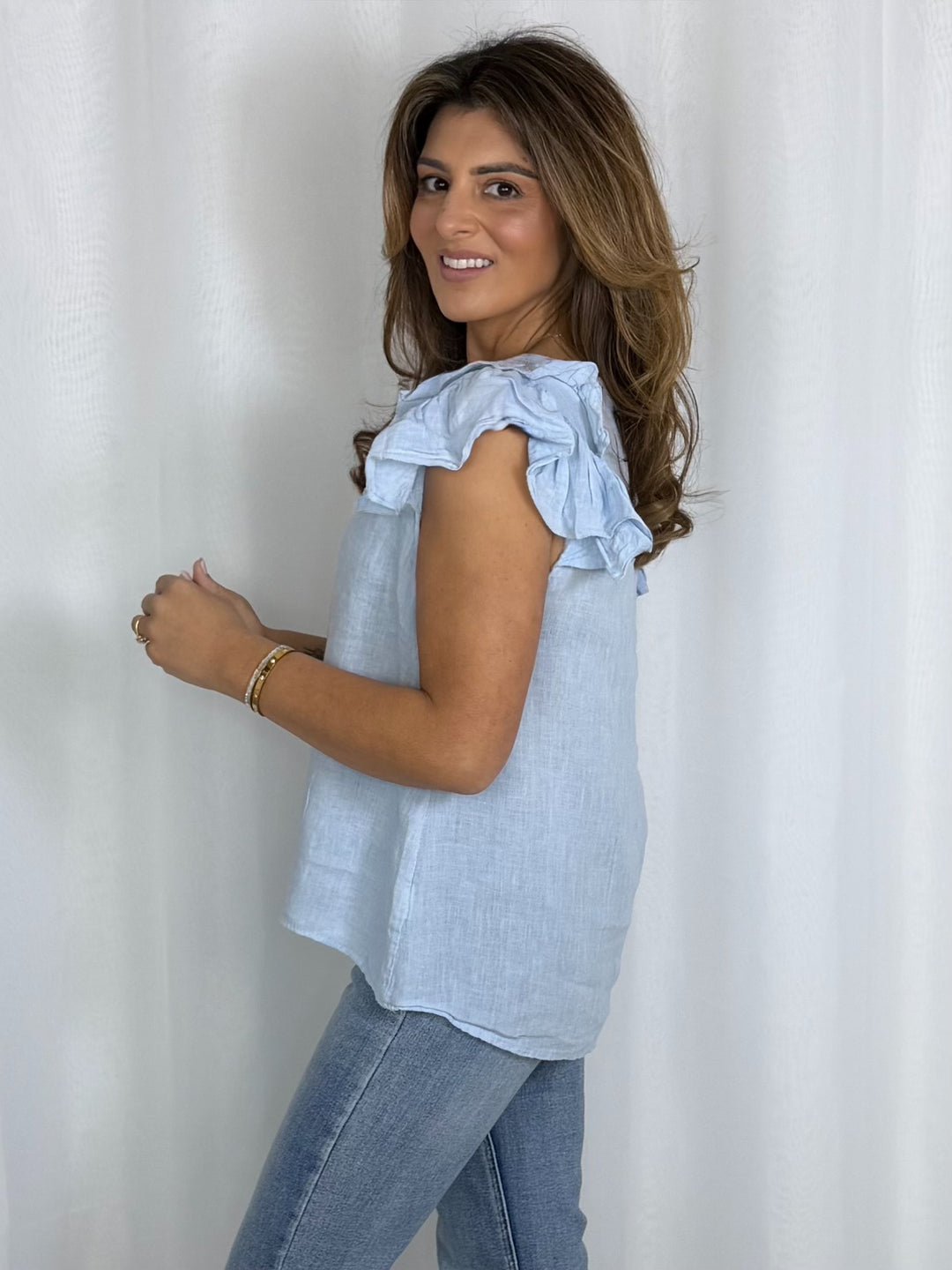 Linen V-Neck Frill Sleeve Top (8 Colours)