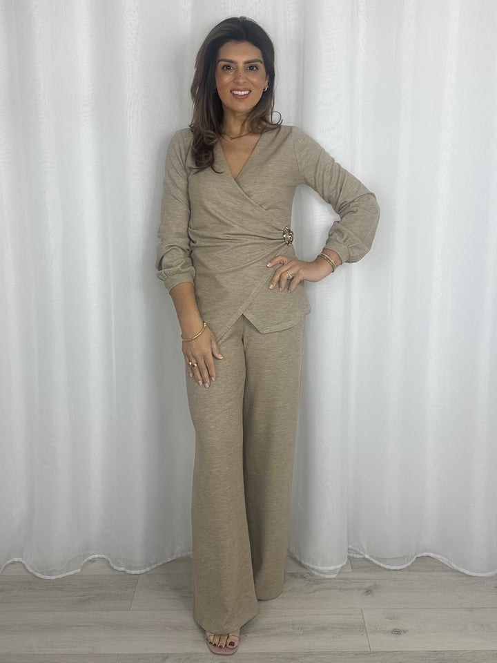 V-Neck Cross Front Gold Buckle Top & Wide Leg Trouser Co-Ord (2 Colours)