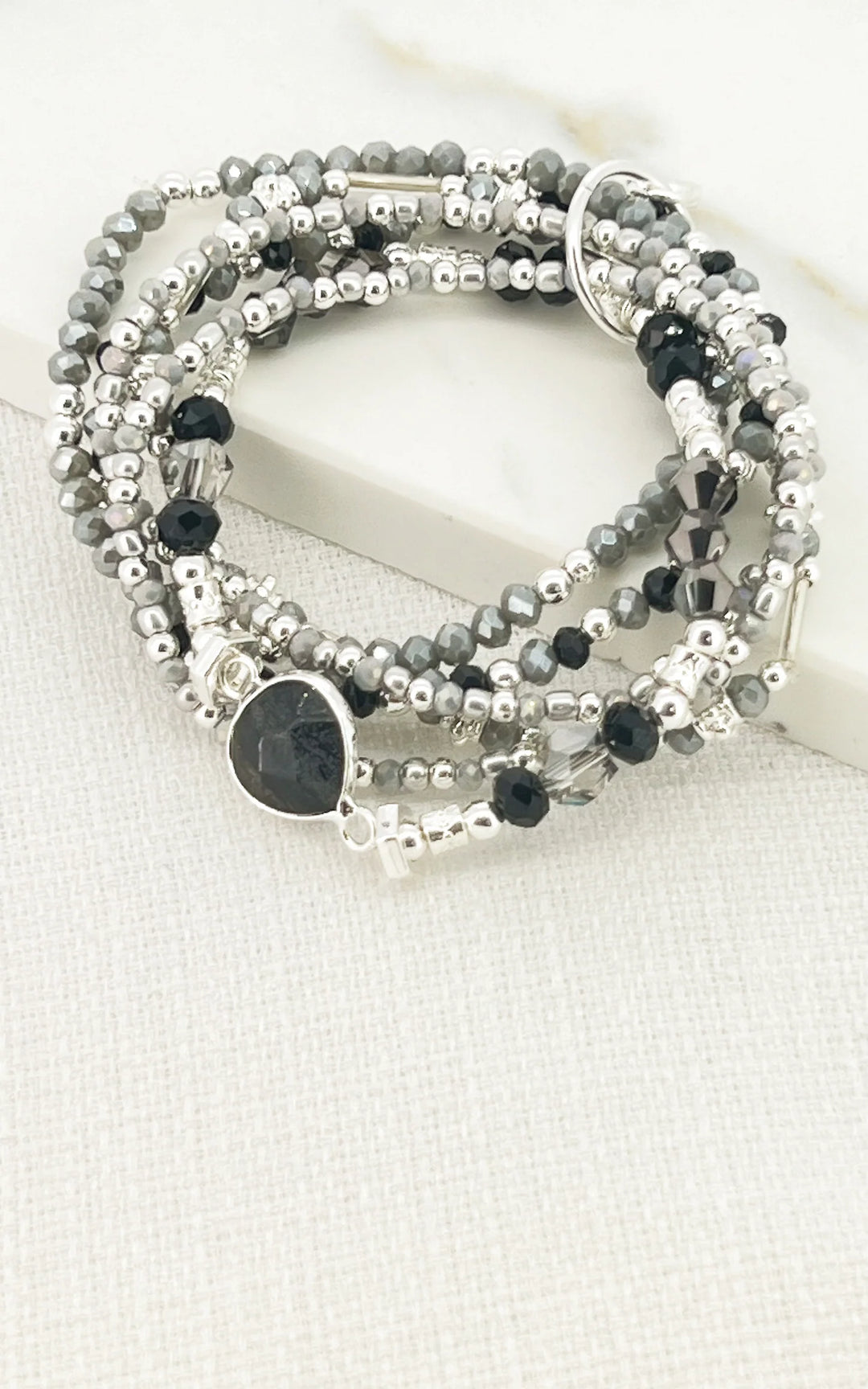 Silver , Grey And Black Beaded Six Loop Bracelet