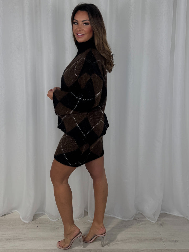 Thick Knit Funnel Neck Diamond Print Skirt Co-Ord (3 Colours)