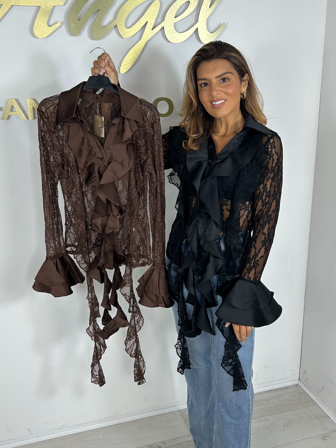 Scattered Sequin/Diamante Lace Long Sleeve Ruffle Detail Top (2 Colours)
