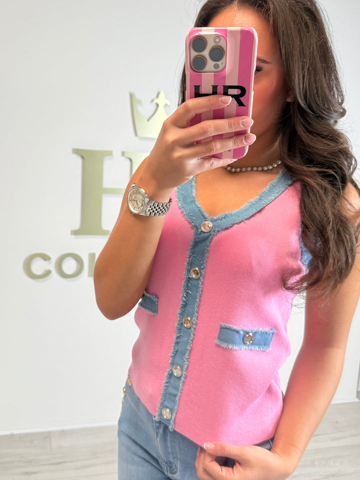 Ribbed V-Neck Denim Trim Gold Button Vest (2 Colours)