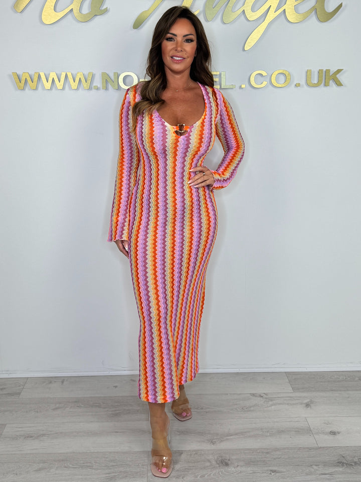 PRE ORDER : (15TH April)Long Bell Sleeve V-Neck Gold Ring Detail Zigzag Dress (4 Colours)